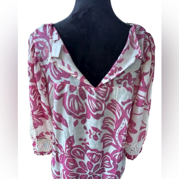 Zac & Rachel Boho Floral Lace Crochet Peasant Blouse Magenta Pink White Medium - Picture 5 of 8